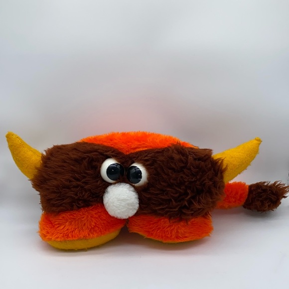 Vintage Hand Made Plush Stuffed Toy Yellow Horns Brown Orange Body with Tail - Picture 1 of 12